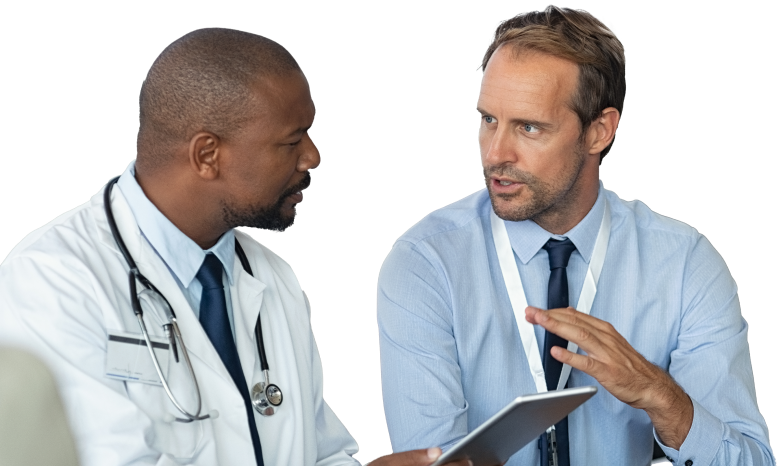 Actor portrayals of a male doctor with a stethoscope around his neck talking to a male sales representative in a blue button-up shirt